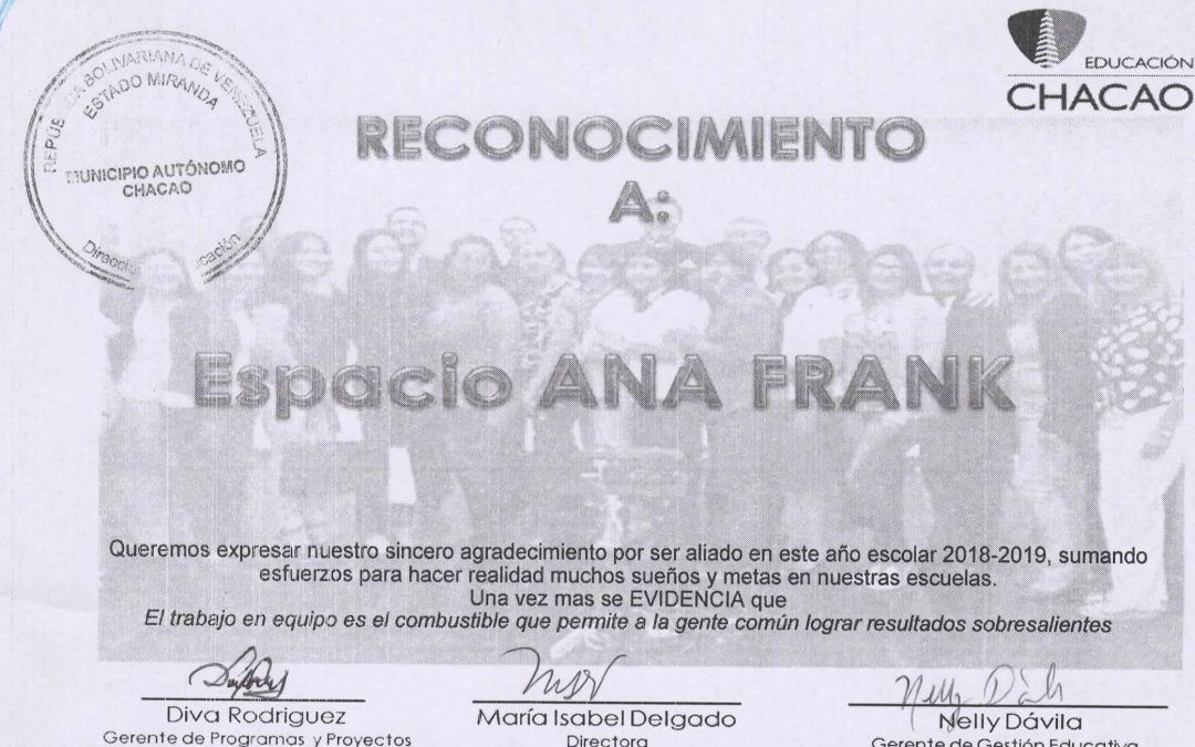 Dirección de Educación del municipio Chacao otorga reconocimiento a programa educativo de Espacio Anna Frank